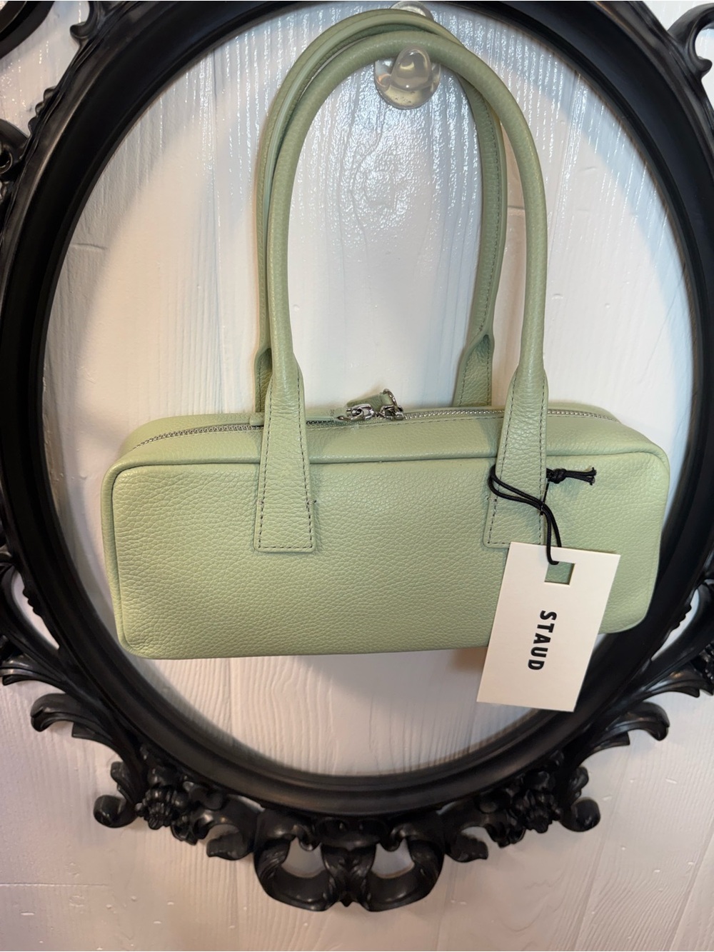 STAUD Pistachio Green Pebbled Leather Mini Top-Handle Bag